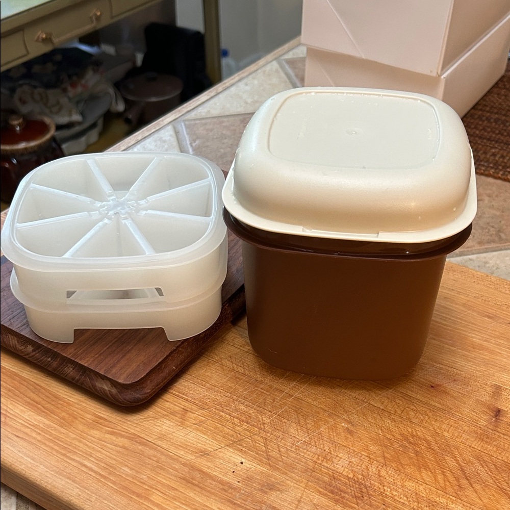 Vintage Tupperware Mini Ice Bucket, Lid, Tray - 3pc, brown, almond, 1466, 1980s